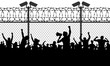 Crowd of people behind bars demanding to open the border. Migrants and refugees are standing behind closed and shut barrier, fence made of barbed wire. Vector illustration silhouette
