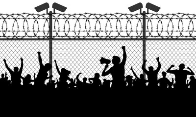 Wall Mural - Crowd of people behind bars demanding to open the border. Migrants and refugees are standing behind closed and shut barrier, fence made of barbed wire. Vector illustration silhouette