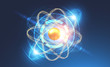© ImageFlow - Gold and blue atom model and hud over blurred blue