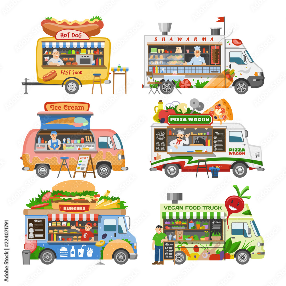 Food truck vector street food-truck vehicle and fastfood delivery transport  with hotdog or pizza illustration set of man character selling in foodtruck  isolated on white background Stock Vector | Adobe Stock, image size:1000x1000