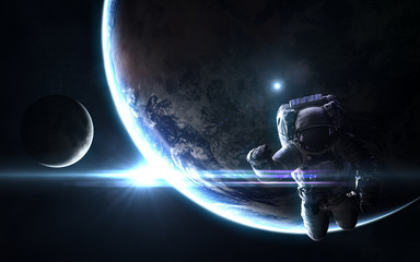 Wall Mural - astronaut, planet earth and moon in bright blue rays of sun. abstract science fiction. elements of t