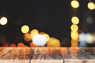 Poster - Blurry wooden table with bokeh lights