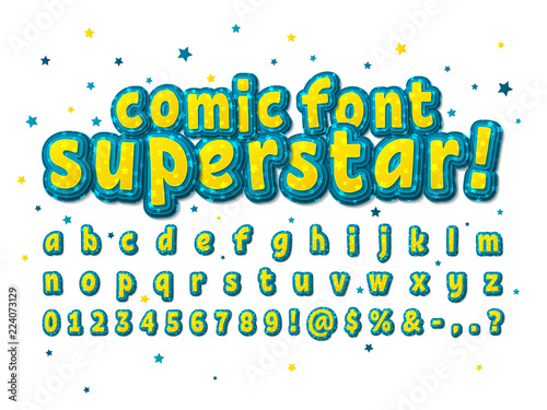 Star Yellow And Blue Comic Font On White Background With Colorful