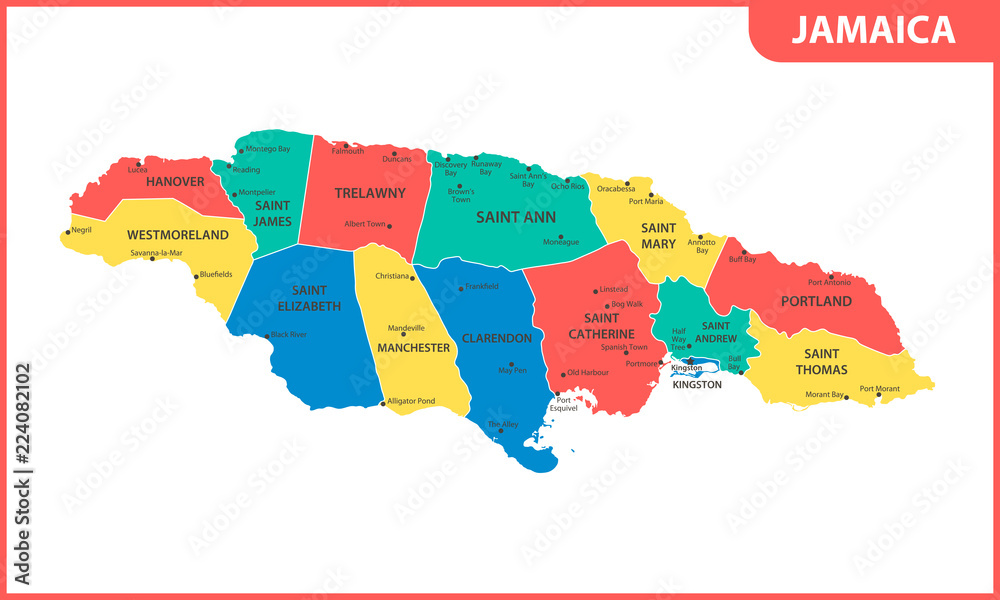 The detailed map of Jamaica with regions or states and