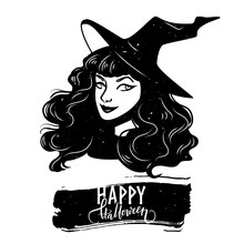 Halloween Postcard With Witch Woman And Calligraphy Text, Vector Illustration