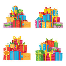 Christmas Presents In Gift Boxes. Birthday Present Box, Xmas Gifts Pile Isolated Vector Illustration