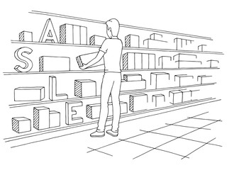 Man taking the box. Shop interior graphic black white sketch illustration vector