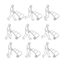 Canvas Print - Delivery Worker Pushing Hand Cart Walk Sequence Drawing