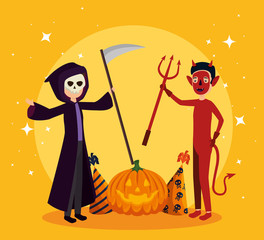 Wall Mural - halloween card with death disguise and devil