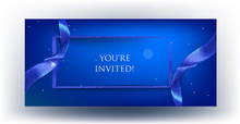 Blue Invitation Card With Beautiful Textured Ribbons And Golden Frame. Vector Illustration