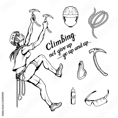 alpinist slogan with girl, woman mountaineer, alpine climbing, alpinism, mountai Tableau sur Toile
