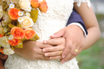 Cropped shot wedding ceremony groom and bride.