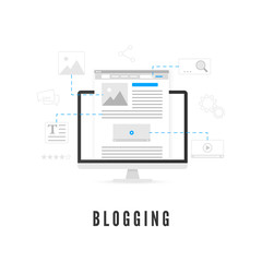 Poster - Blogging or Content Production concept. Website development on PC screen from different elements. Vector illustration