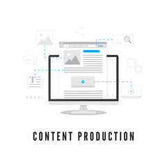 Poster - content production. blogging or news creating. website development on pc screen from different eleme