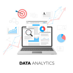 Poster - Data analytics concept. SEO optimization. Search Engine Optimization. SEO content marketing. Web analytics design. Vector illustration isolated on white background