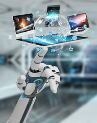 Poster - white cyborg hand connecting devices together 3d rendering