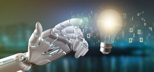 Poster - Cyborg hand holding a bulb lamp idea concept with data all around 3d rendering