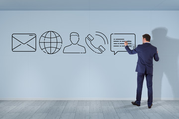 Poster - Businessman drawing thin line contact icon