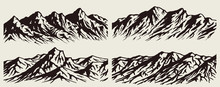 Set Of Isolated Huge Mountains Silhouettes. Vector Mountain Ranges Illustrations.