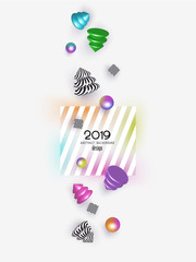 Wall Mural - New year 2019 abstract background with falling colorful and striped christmas design elements. Vector illustration