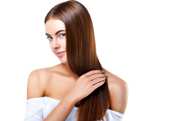 Wall Mural - woman with beautiful long hair isolated on white healthy and shine hairstyle