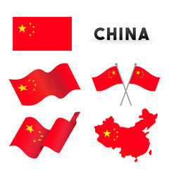 Set of The People's Republic of China Flags Vector illustration. Flags waving with China map isolated on white background.