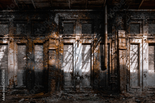 Fotomural abandoned factory, red brick walls, broken windows, ruin, mud, old building, USS