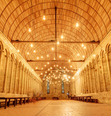 Beautiful view of the interior of historic landmark Le Mont Saint-Michel in Normandy, France, a famous UNESCO world heritage site and tourist attraction, on August 1, 2014
