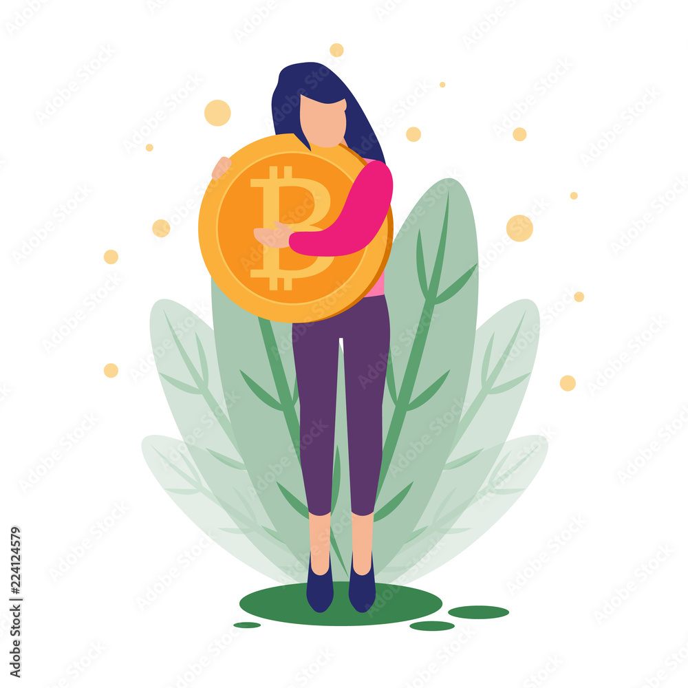 Business concept vector illustration woman holding a bitcoin in her hand.  Woman hugs a bitcoin, concept of money, investment and new business ideas.  Stock Vector | Adobe Stock