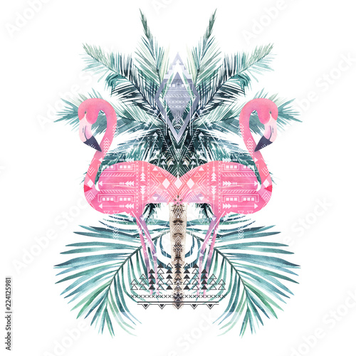 Abstract geometric poster with flamingo. Summer tropical design. Hand drawn w...