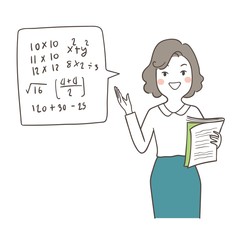 Draw happy teacher holding book and teaching math in class