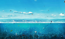 Сoncept Of Global Pollution. The Sea Full Of Garbage On The Background Of Nature. Save The Planet.