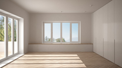 Modern empty space with big panoramic windows and wooden floor, minimalist white architecture interior design