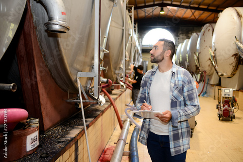 Fotomural handsome man winemaker in a winery wine cellar during harvest season with stainl