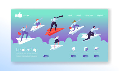 Poster - business vision landing page template. website layout with flat people characters flying on paper pl
