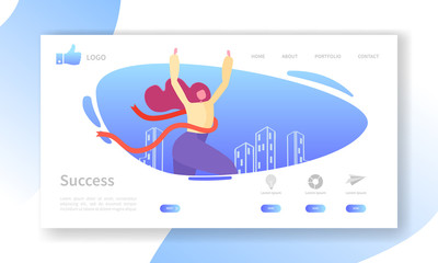 Wall Mural - business success landing page template. website layout with flat woman character crossing finish lin