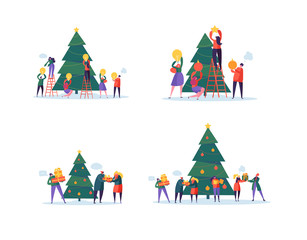 Sticker - Flat Happy People Decorating Christmas Tree. Merry Xmas Holiday Party. Characters Celebrating New Year Eve. Vector illustration