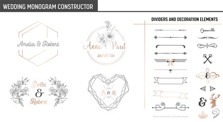 Wall Mural - Wedding Monogram Constructor, Modern Minimalistic Collection of templates for Invitation cards, Save the Date, Logo identity in vector