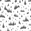 Seamless pattern with silhouettes of coniferous trees. Backdrop with evergreen forest, fir woods or woodland. Hand drawn vector illustration in black and white colors for textile print, wallpaper.