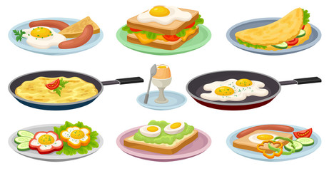 Poster - Tasty dishes with eggs set, fresh nutritious breakfast food, design element for menu, cafe, restaurant vector Illustrations on a white background