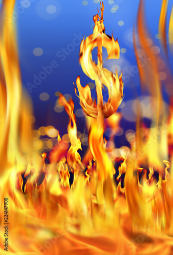 Fotografie, Obraz Conceptual image of burning dollar sign and fire flames