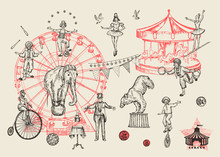Retro Circus Performance Set Sketch Stile Vector Illustration. Hand Drawn Imitation. Human And Animals.
