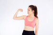 © NT_studio - Beautiful portrait asian woman wear sport clothes have strong and muscle with health, girl show biceps with exercise and workout for wellness isolated on white background, strength and fit concept.