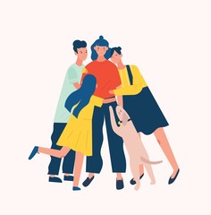 Wall Mural - Group of people and dog surrounding and hugging or embracing young woman. Friends' support, care, love and acceptance. True friendship. Bright colored vector illustration in flat cartoon style.