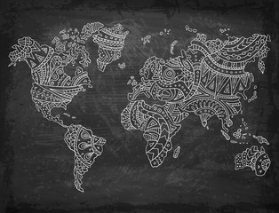 Wall Mural - doodle world map on a chalkboard background. hand-drawn continents. vector illustration. ethnic patt