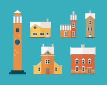 Collection Of Two-storey Residential Buildings And Clock Tower Isolated On Green Background. Set Of City Or Town Houses Of European Architecture. Colorful Vector Illustration In Flat Cartoon Style.