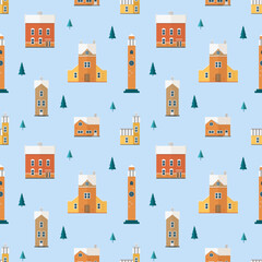 Fototapete - Seamless pattern with old buildings, clock towers, spruce trees