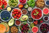 Fototapeta Kuchnia - Healthy food selection. Super foods for breakfast, bowls with organic fresh fruits, assorted berries, seeds and nuts on table. Vegetarian diet concept.