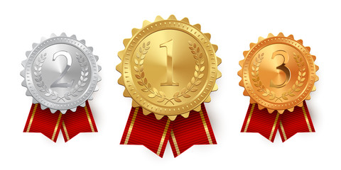 Gold, silver and bronze medals with red ribbons isolated on white background. Vector design element.