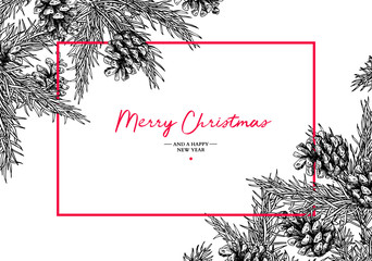 christmas holiday greeting card with fir tree and pine cone. vec